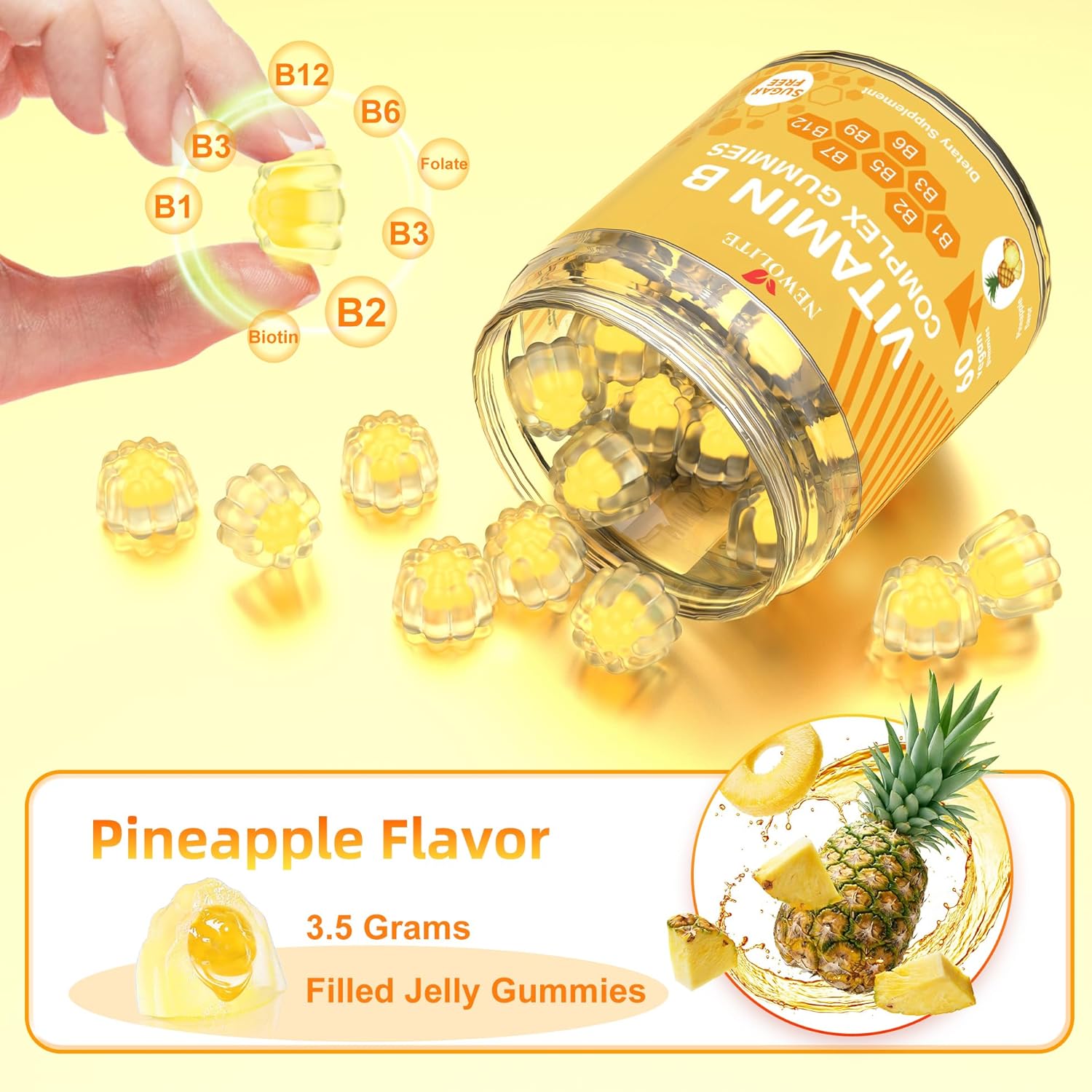 2 Pack Vitamin B Complex Gummies for Women Pineapple Flavor Daily Vitamin C B1,B2,B3,B5,B6,B7,B9,B12 Biotin Folate Supports Energy, Mood, Immune System Sugar-Free Vegan Work Adults(120Count)