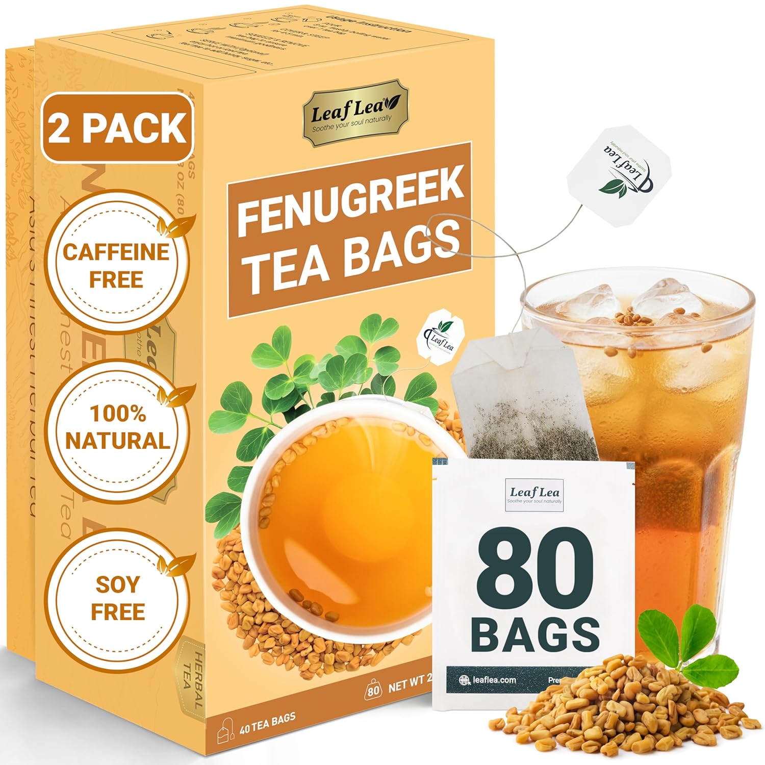 LeafLea 80 Premium Fenugreek Tea Bags, Natural Fenugreek Seed for Toasty Flavor & Sweet Aroma, Fenogreco Tea with Gentle Warmth, Caffeine-Free, Sugar-Free, Vegan, Individually Wrapped for Freshness