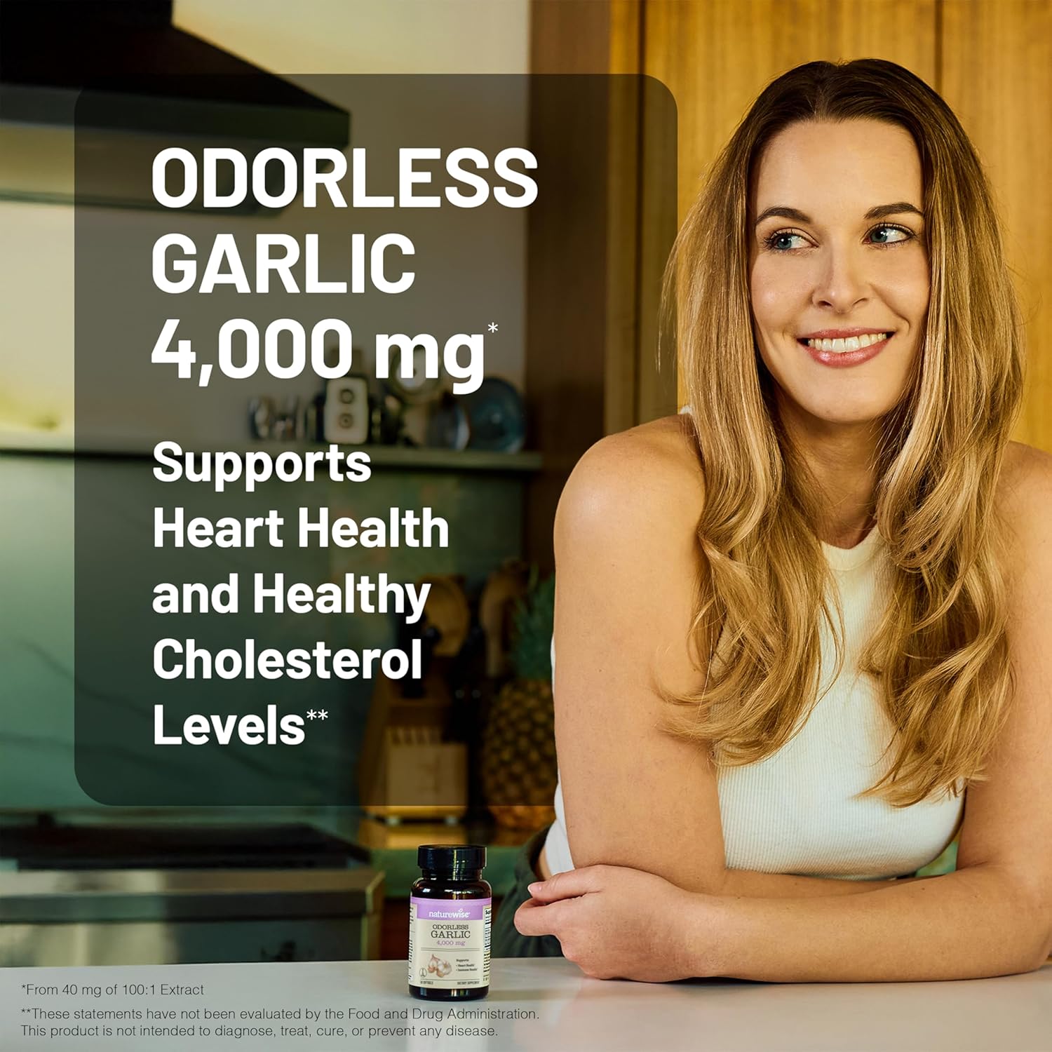 NatureWise Odorless Garlic Supplement 4000mg - Ultra Potent 100:1 Extract - Healthy Cholesterol Formula, Heart Health Support - Non-GMO, Gluten Free, with Halal Gelatin - 60 Count[30-Day Supply]