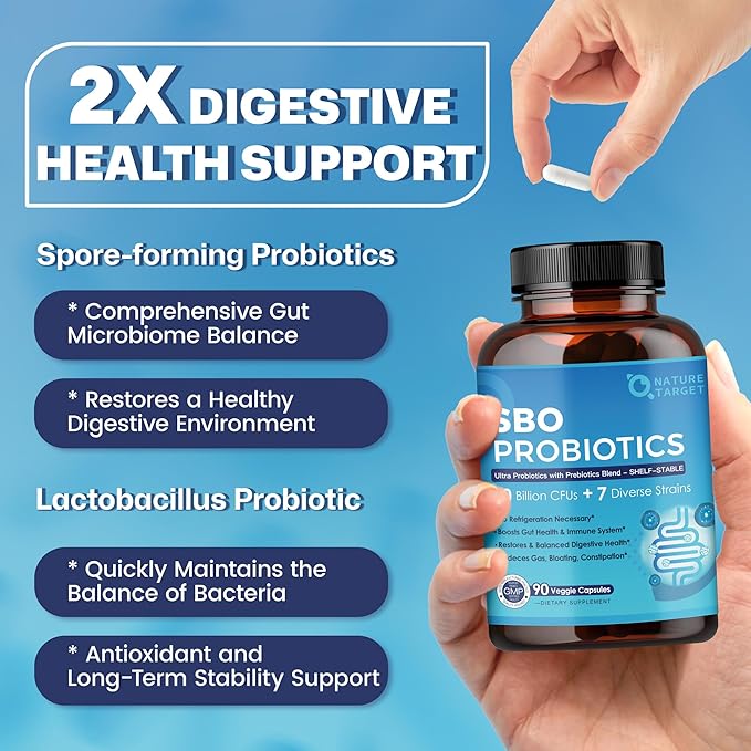NATURE TARGET Probiotics for Women & Men, 60 Billion CFU, Prebiotics and Probiotic for Gut Health - SBO Probiotics Supports Digestive, Constipation, Diarrhea, Gas & Bloating, 90 Veggie Capsules