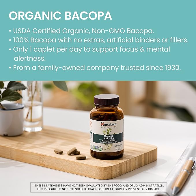 Himalaya Organic Bacopa - Bacopa Monnieri Herbal Brain Supplements for Memory and Focus Support - USDA Organic, Vegan, Non-GMO, Gluten Free, 750 mg, 30 Caplets