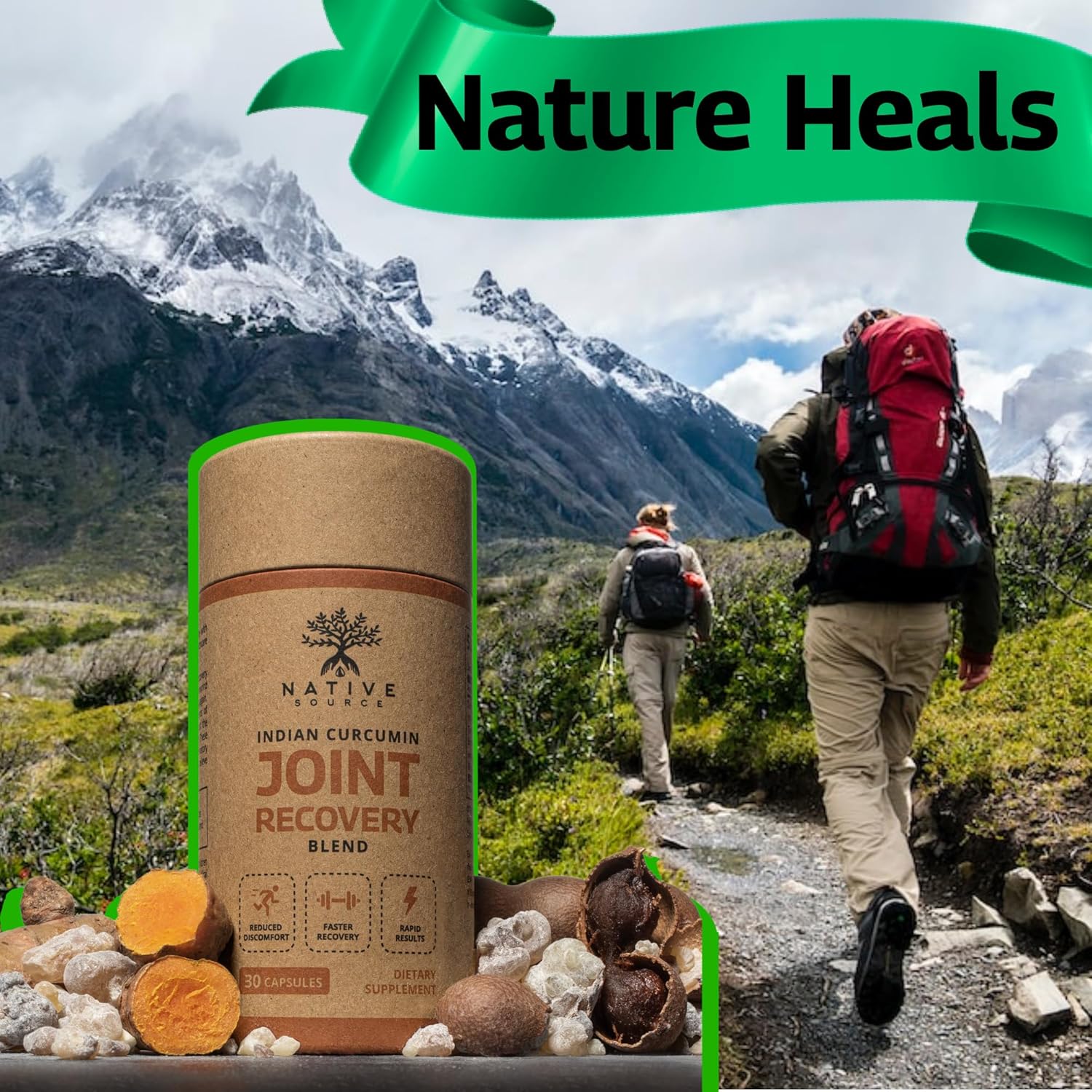 Indian Curcumin: Joint Recovery | Turmeric, Tamarind Seeds, Boswellia and Black Pepper Extracts | Biodegradable BPA-Free Bottle | 30 Capsules | MAHA | Dietary Supplement