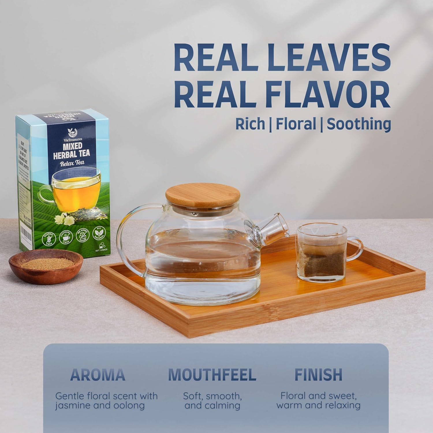 VieTreasures Relax Herbal Tea with Jasmine Oolong – 2.8oz (40 Tea Bags) | Tieguanyin Base with Ampelopsis, Passionflower & Honeysuckle | Jasmine Infusion, Caffeine-Free, Relax & Digestive Support