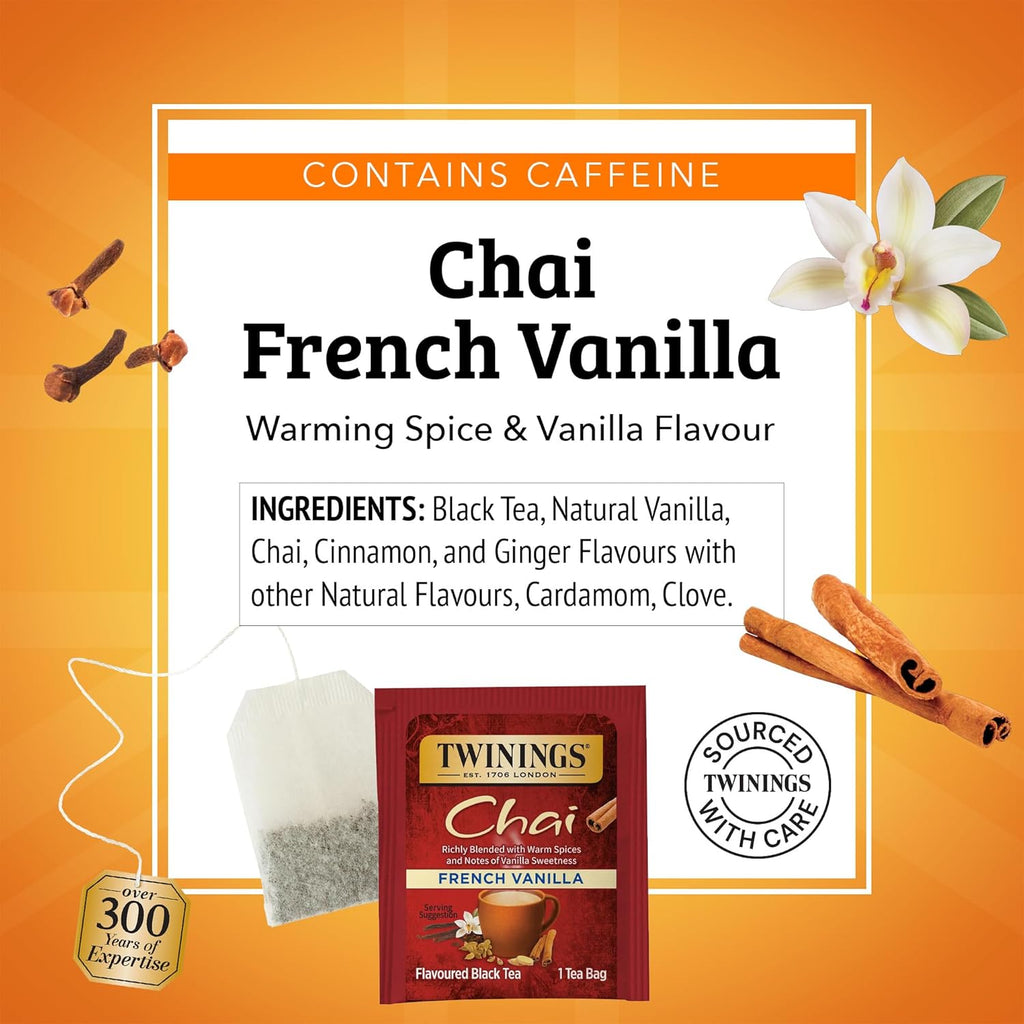 Twinings French Vanilla Chai Black Tea Individually Wrapped Bags, 20 Count (Pack of 2), Warm, Sweet & Spicy, Caffeinated, Enjoy Hot or Iced, 20 Teabags