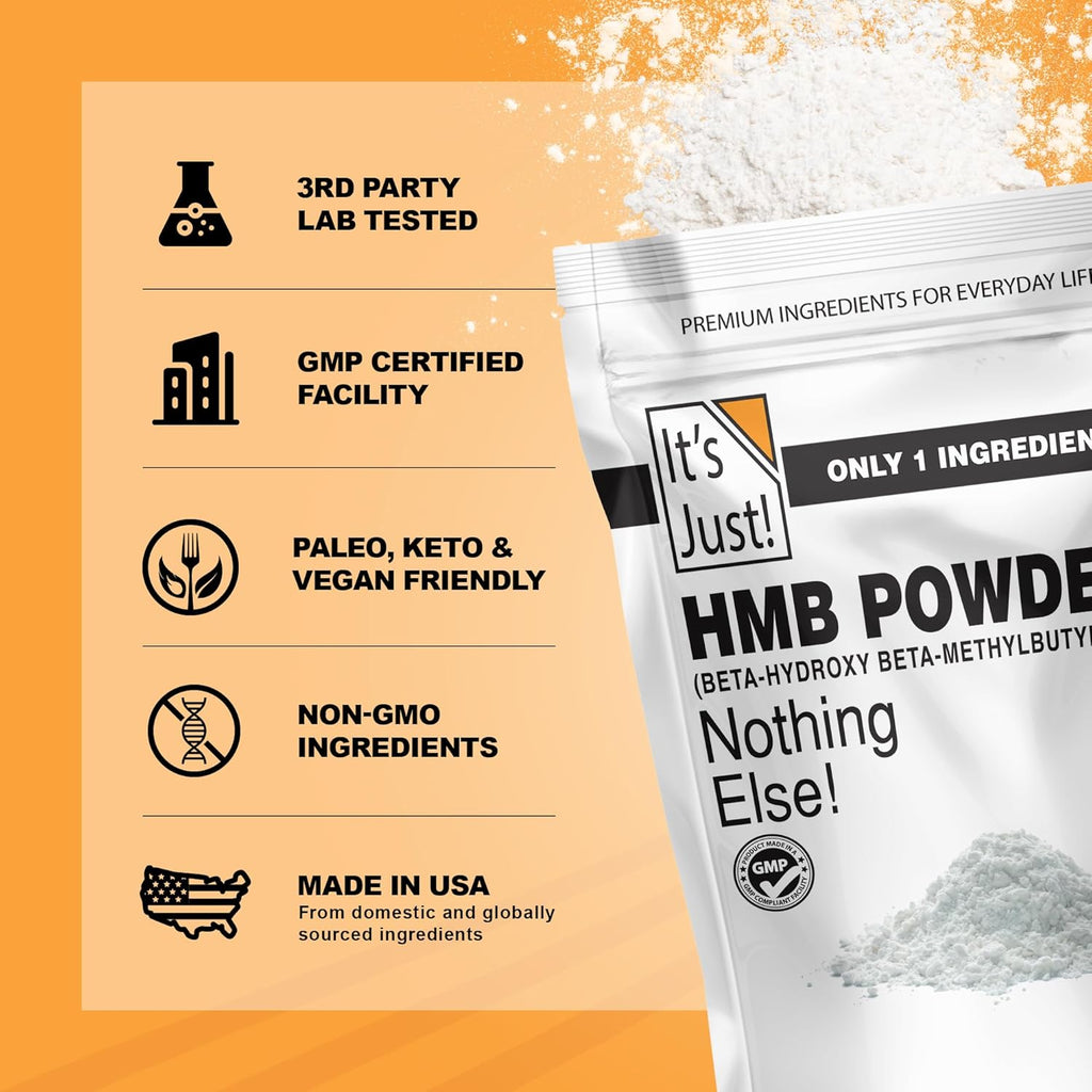 It's Just! - HMB Powder, 250g, Beta-Hydroxy Beta-Methylbutyrate, as Calcium HMB, Batch Tested Gluten Free, Non-GMO, Heavy Metal Tested, Keto Friendly (Unflavored, 250g)