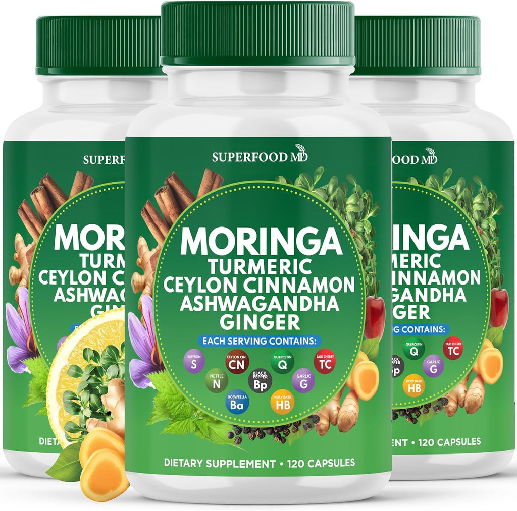 Moringa Supplement | Turmeric, Ginger, Boswellia, Saffron, Holy Basil, Nettle -Support Supplement for Women and Men with Ceylon Cinnamon, Quercetin, Tart Cherry - 360 Capsules