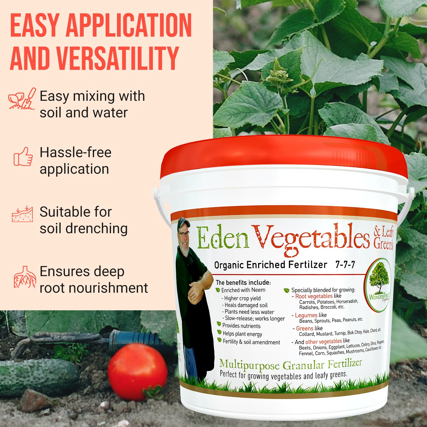 Eden Vegetables & Leafy Greens Organic Enriched Fertilizer - Neem Plant Food 7-7-7 Enriched Formula for Perfect Nitrogen, Phosphorous & Potassium Balance (5 lbs)