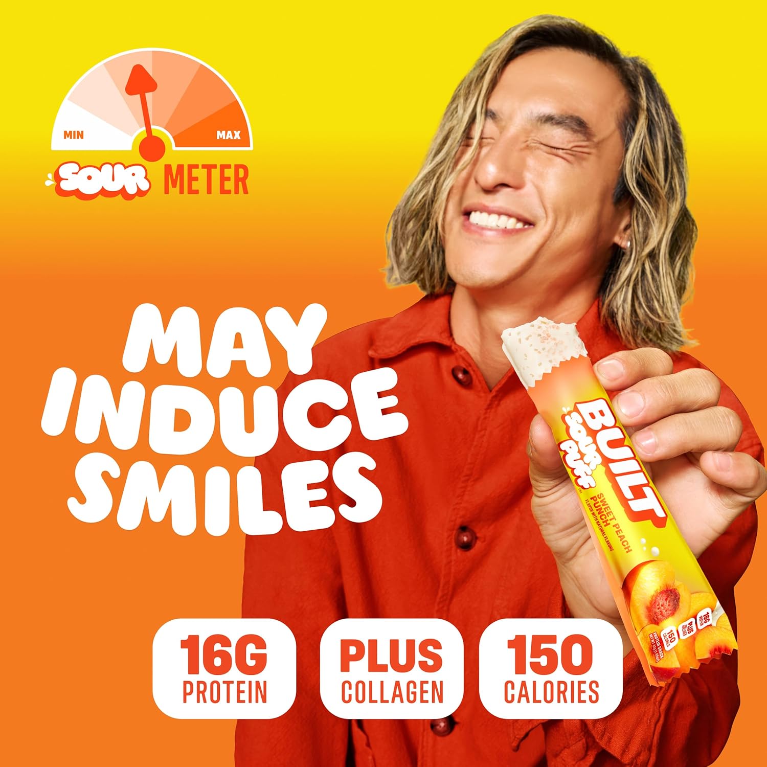 Built Bar, Sour Puff Protein Bars, Sweet Peach Punch, Collagen, On-the-go Snacks, Sour Candy Snack, 12 Pack