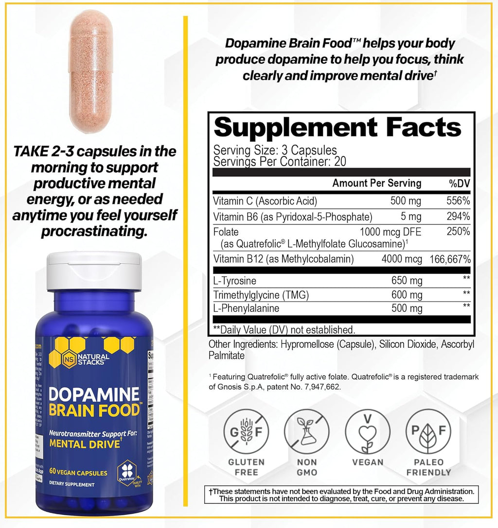 NATURAL STACKS Dopamine Brain Food + Magtech Magnesium Supplement Bundle - Supports Focus, Relaxation & Memory* - 240 Total Capsules