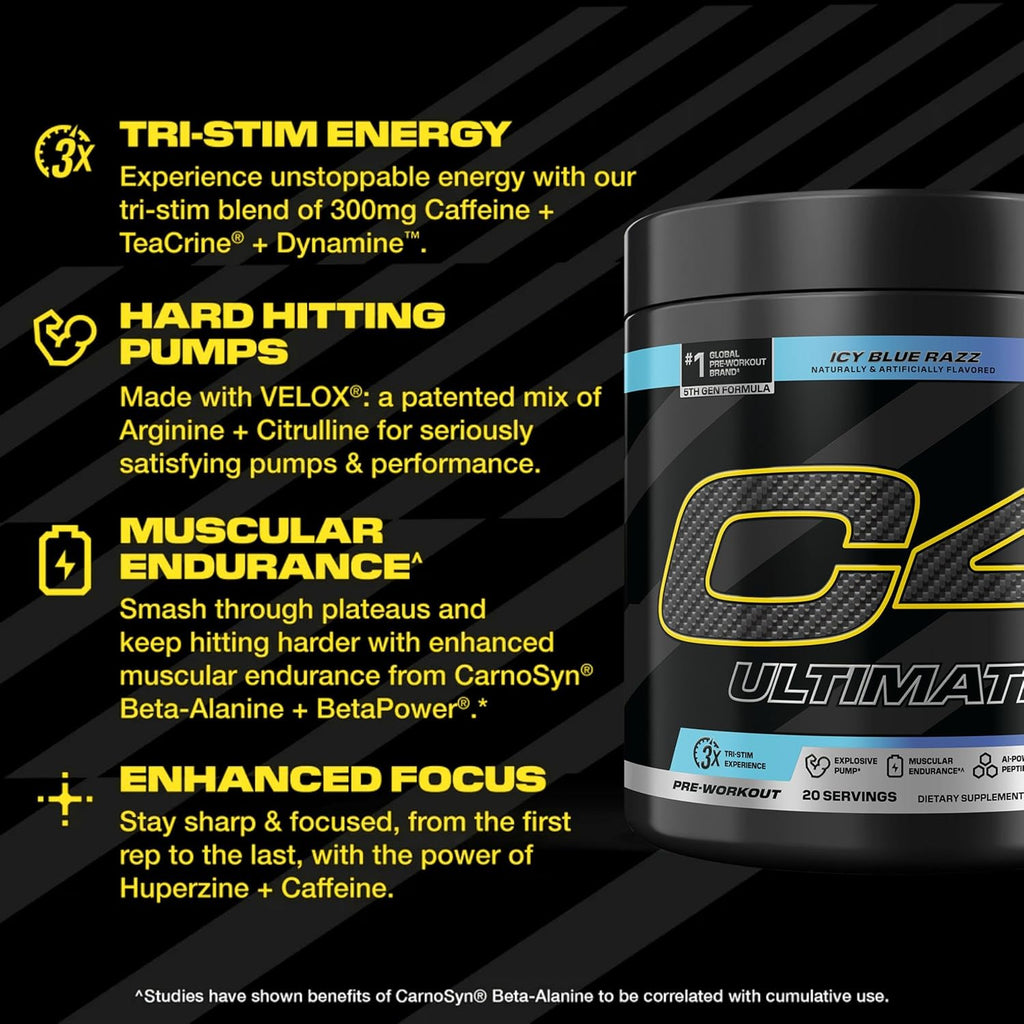 Cellucor C4 Ultimate Pre Workout Powder ICY Blue Razz - Sugar Free Preworkout Energy Supplement for Men & Women - 300mg Caffeine + 3.2g Beta Alanine + 2 Patented Creatines - 20 Servings