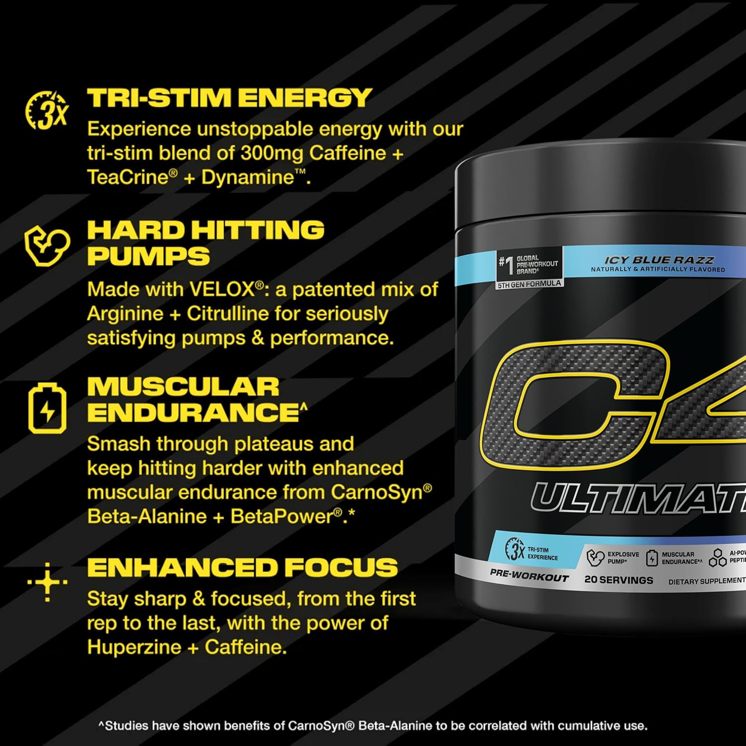 Cellucor C4 Ultimate Pre Workout Powder ICY Blue Razz - Sugar Free Preworkout Energy Supplement for Men & Women - 300mg Caffeine + 3.2g Beta Alanine + 2 Patented Creatines - 20 Servings