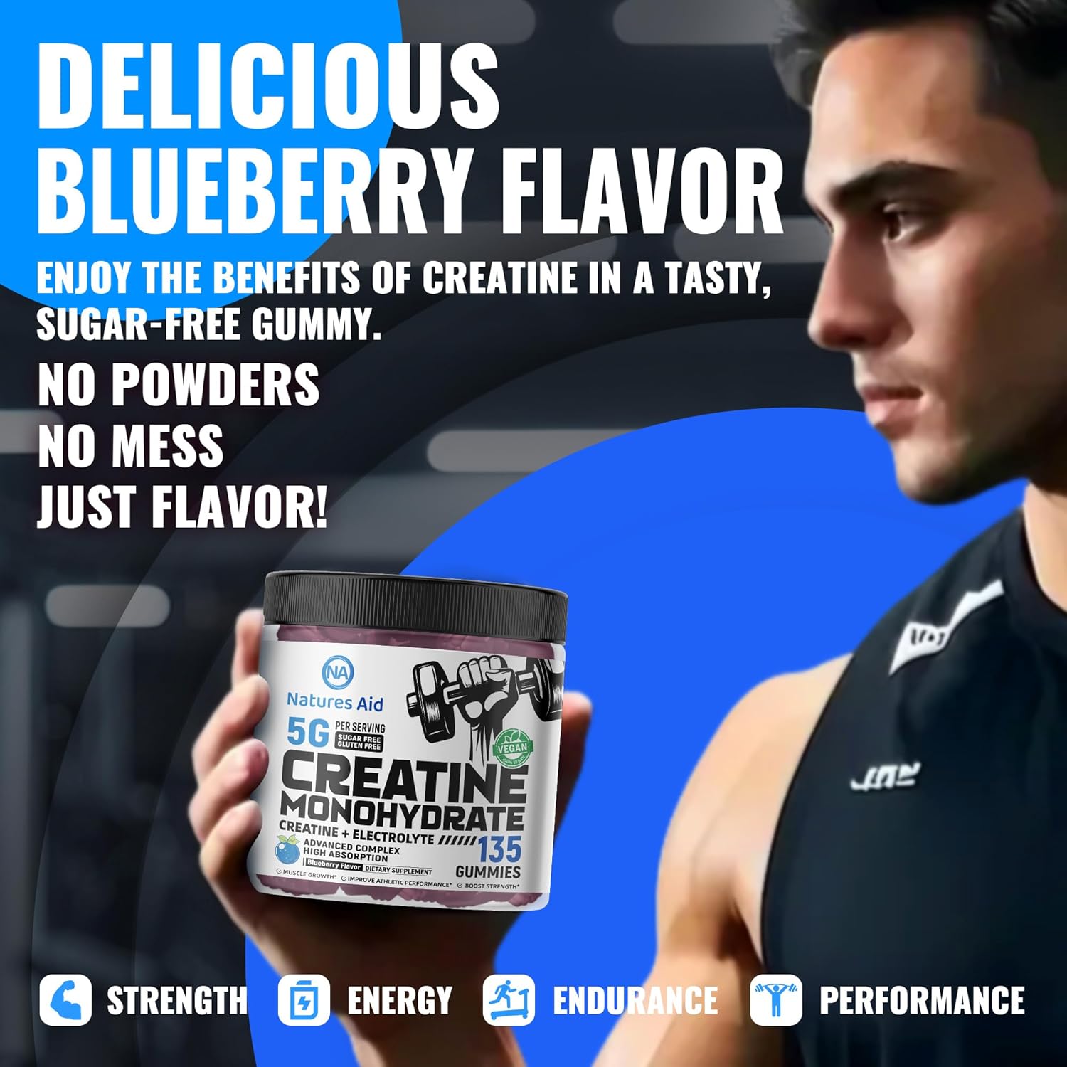 Creatine Monohydrate Gummies (5g) – Pre-Workout Energy & Muscle Growth Support for Men & Women | Blueberry Electrolyte Gummies (135 Count)