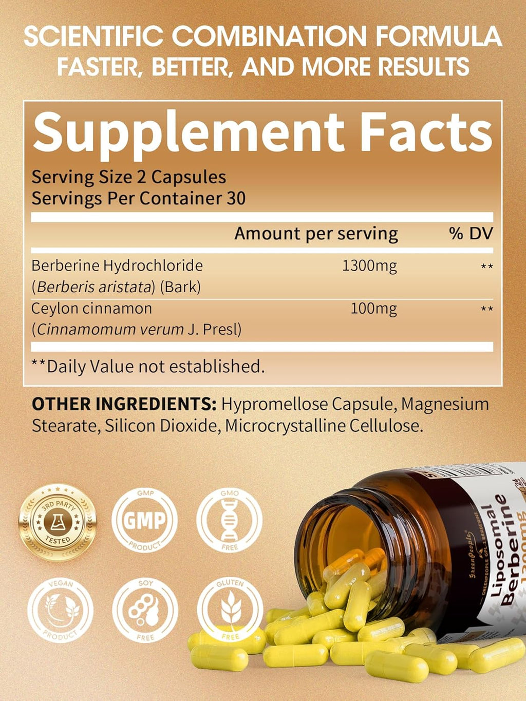Liposomal Berberine HCL1300mg - Berberine Supplement with Ceylon Cinnamon Activates GLP-1 & AMPK - High Absorption Formula Healthy Weight Support – Non-GMO/Vegan – 30-Day