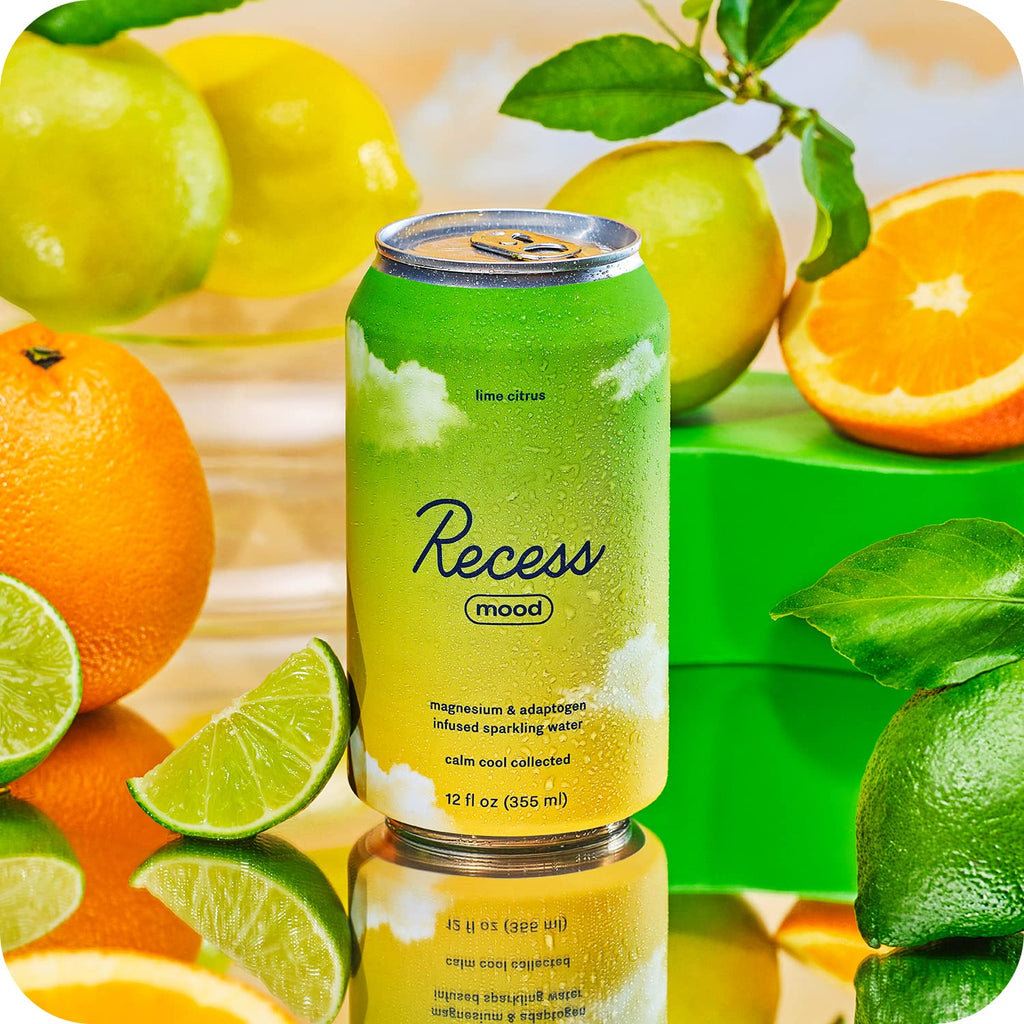 Recess Mood Magnesium & Adaptogen Drink, Relaxation Beverage, 12 ounce (Lime Citrus, 12 pack)