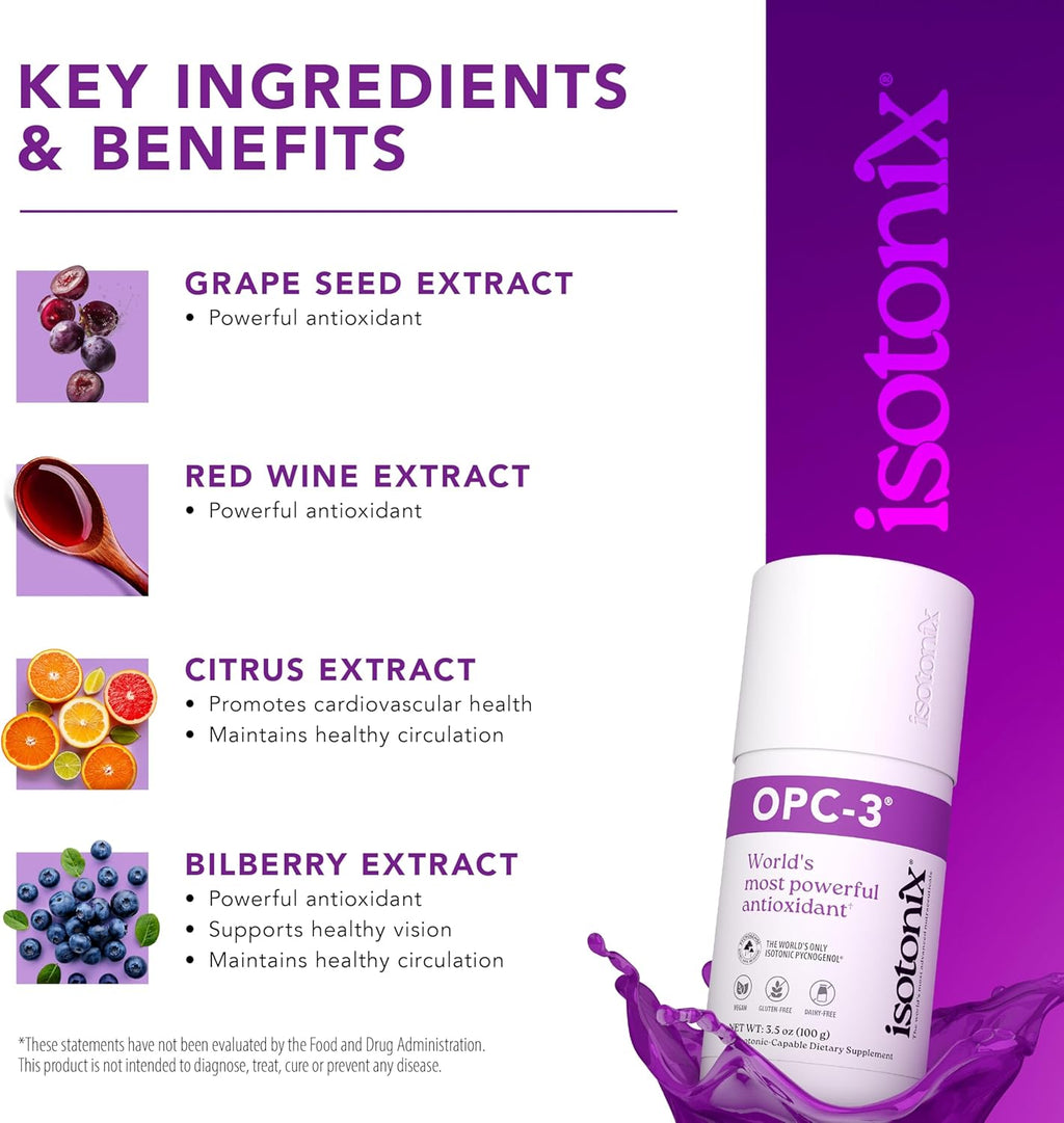 OPC-3 Isotonix - Antioxidant Supplement - Pycnogenol, Grape Seed Extracts, Bilberry, Red Wine & Pine Bark Extracts - for Heart & Circulatory Support - Isotonic, Vegan, Gluten Free - 30 Servings