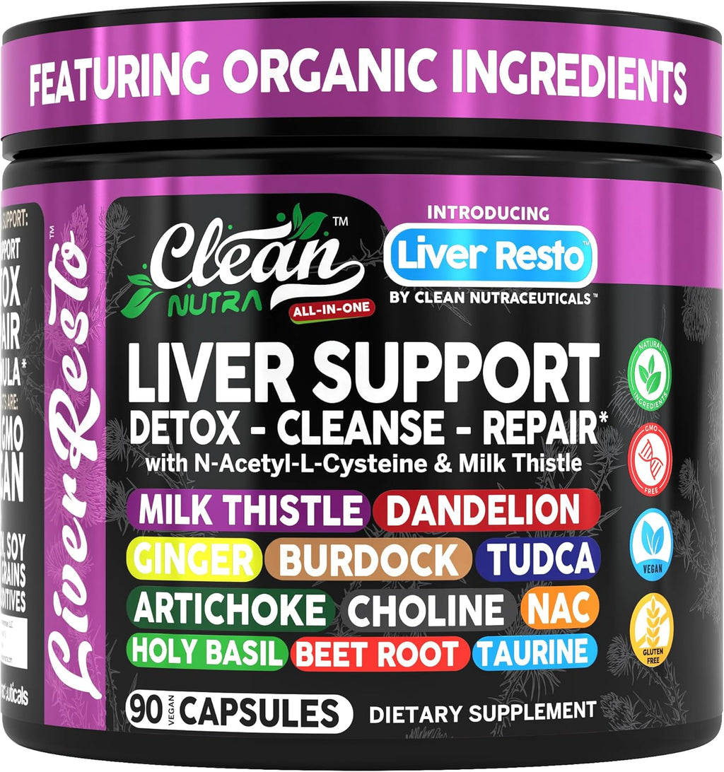 Clean Nutra Liver Cleanse Detox & Repair Supplement Milk Thistle, NAC, TUDCA, Dandelion Root, Artichoke, Choline, Ginger, Beet Root, Burdock, Taurine, Liver Resto 90 Capsules
