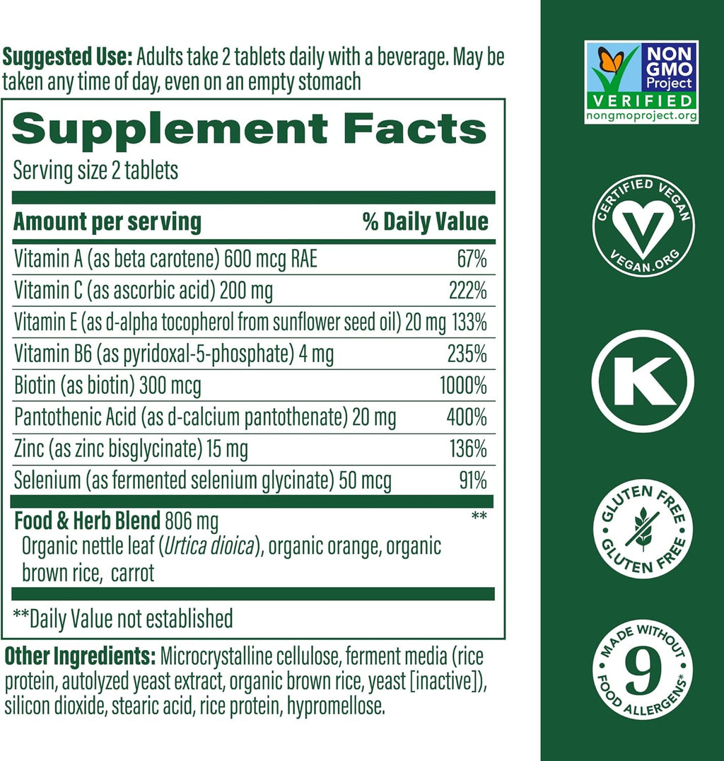 MegaFood Skin, Nails & Hair 2 - Vitamins For Women & Men - Biotin, Vitamin A, Vitamin C, Zinc, Vitamin B6, Vitamin E, Pantothenic Acid - Vegan - Made Without 9 Food Allergens - 90 Tabs (45 Servings)