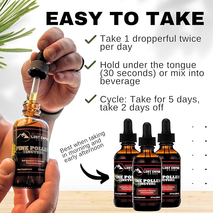 Lost Empire Herbs Pine Pollen Tincture Pine Pollen Liquid Extract for Testosterone - Alcohol Tincture is Superior for Better Absorption, 3rd Party Lab Tested (2 Ounce)