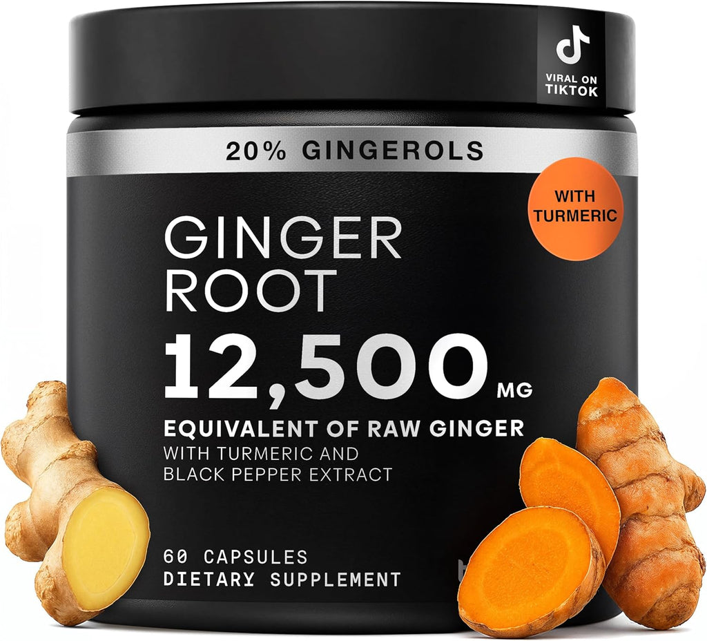 Toniiq Ginger Root Capsules – Ultra High Potency 25:1 Extract with 20% Gingerols – with Curcumin & Black Pepper for Synergy – Lab Tested – 60 Capsules