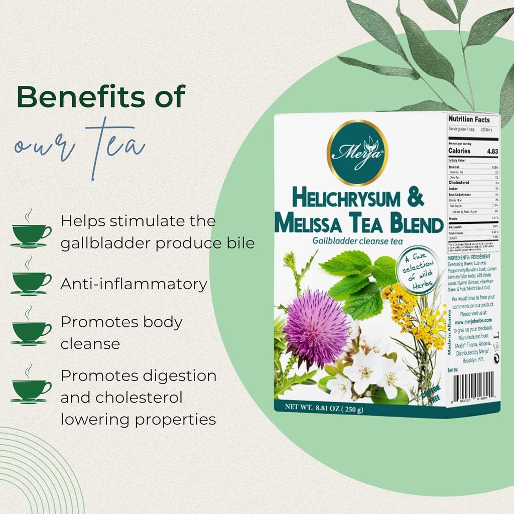 Merja Herbs Helichrysum & Melissa Tea - Gall bladder Support & Cleanse - Caffeine Free - 100% Natural & Premium Quality 250gr 8.82 oz