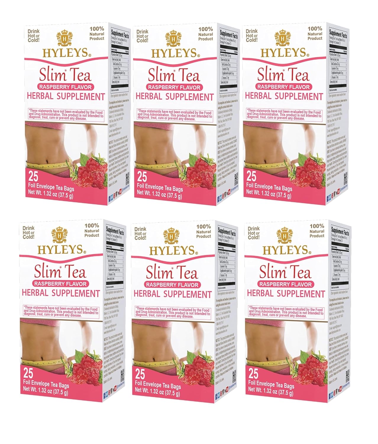 Hyleys Slim Tea Raspberry Flavor - Weight Loss Herbal Supplement Cleanse and Detox - 25 Tea Bags (6 Pack)