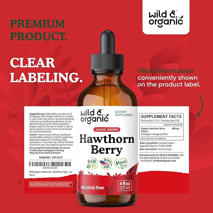 Wild & Organic Hawthorn Berry Tincture 600 mg - Liquid Hawthorne Berry Supplement for Overall Support - Vegan, Sugar & Alcohol-Free Fruit Extract Drops - 4 fl oz