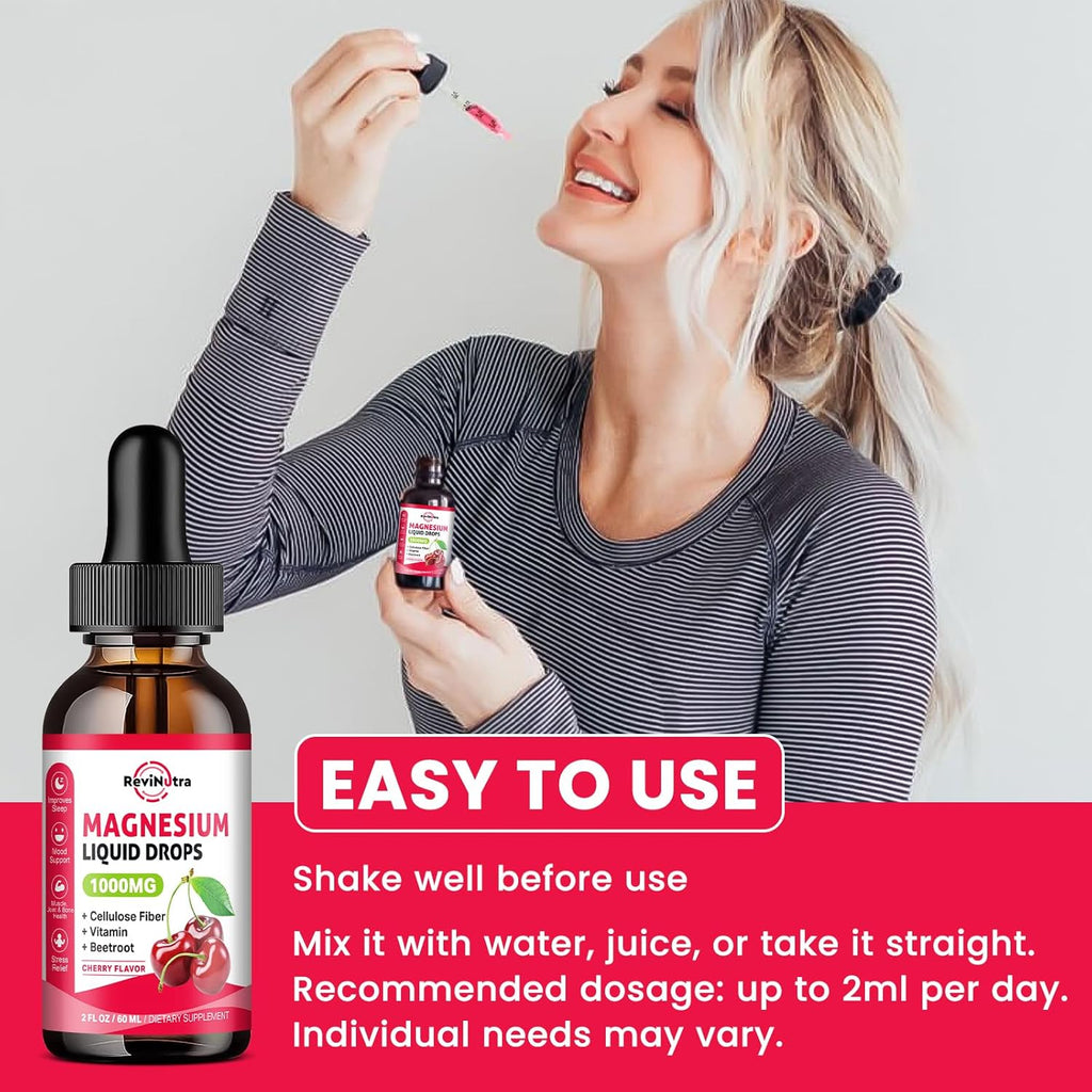 Magnesium Glycinate Liquid Drops, 1000mg Magnesium Glycinate, Citrate & Taurate with Fiber, Beetroot, Vitamin B & C for Sleep, Calm, Muscle, Energy & Relaxation, 2 Fl Oz, Sugar-Free Cherry Flavor