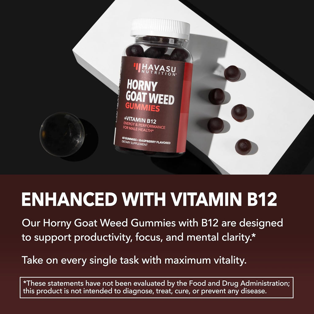 Horny Goat Weed Gummies with Vitamin B12 - Energy, Endurance & Performance Support for Male Health - 60 Count - Vegetarian-Friendly, Non-GMO, Pectin-Based - Raspberry Flavor, 1 Month Supply