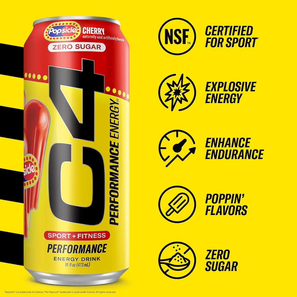 Cellucor C4 Energy Drink Cherry, Carbonated Sugar Free Pre Workout Performance Drink with no Artificial Colors or Dyes, 16 Oz, Pack of 24