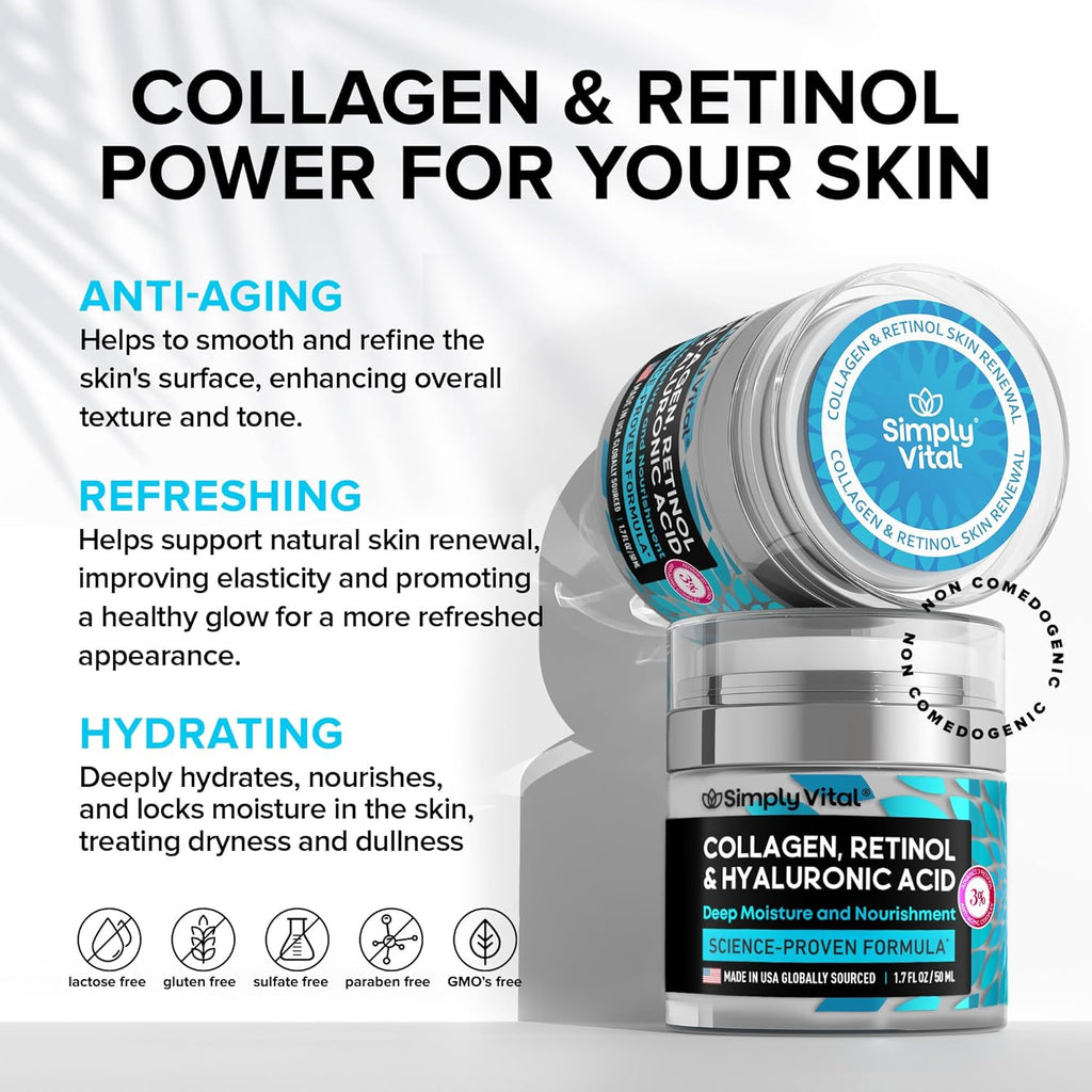 SimplyVital Collagen, Retinol & Hyaluronic Acid Cream - Anti-Aging Face Moisturizer for Face, Firming Skin Care Neck & Décolleté - Made in USA, Daily Moisturizer Face Cream Day & Night - 1.7 fl.oz.