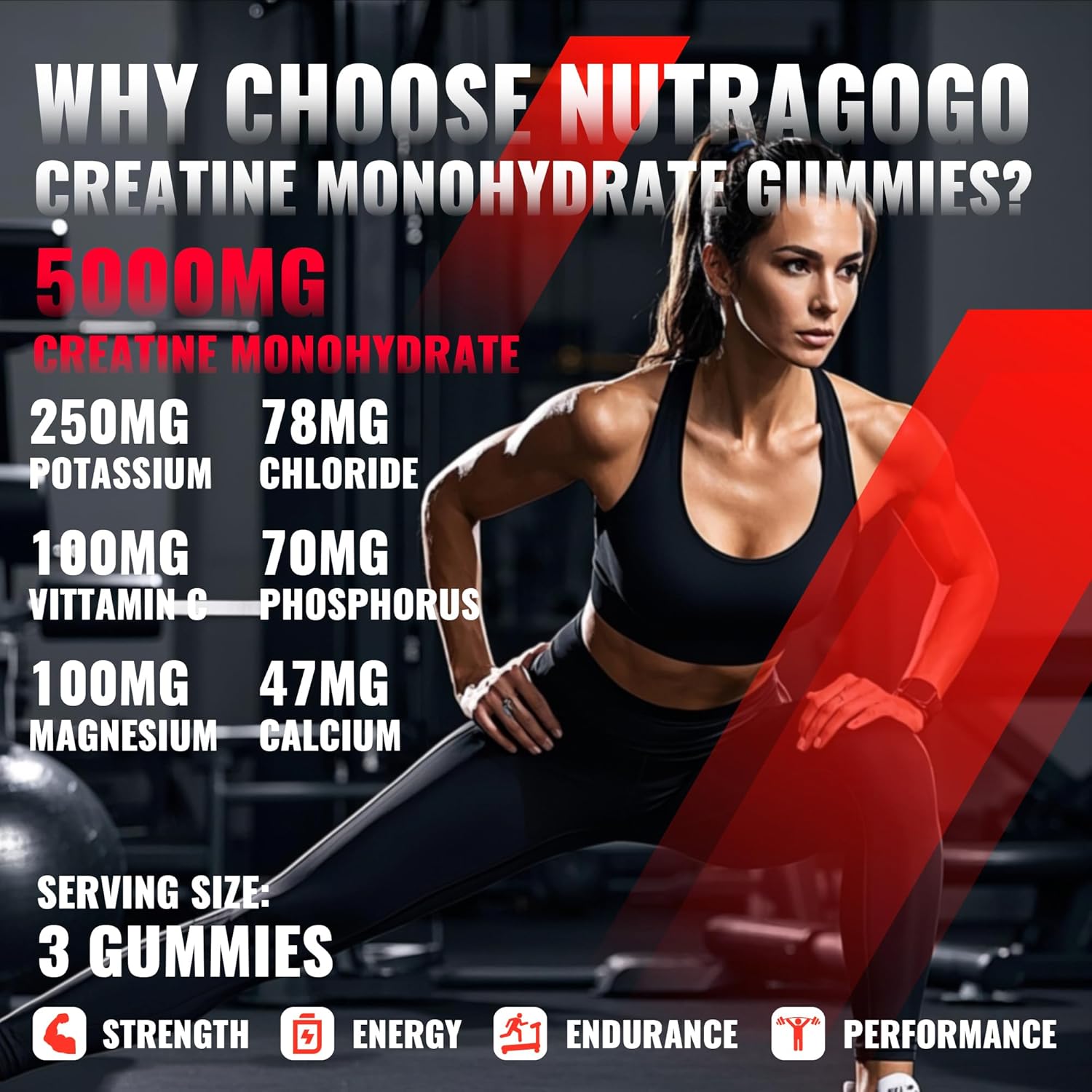 Creatine Monohydrate Gummies for Men & Women-5g of Creatine Monohydrate per Serving - Sugar Free,Vegan, Strawberry Electrolyte Chews, 135 Count