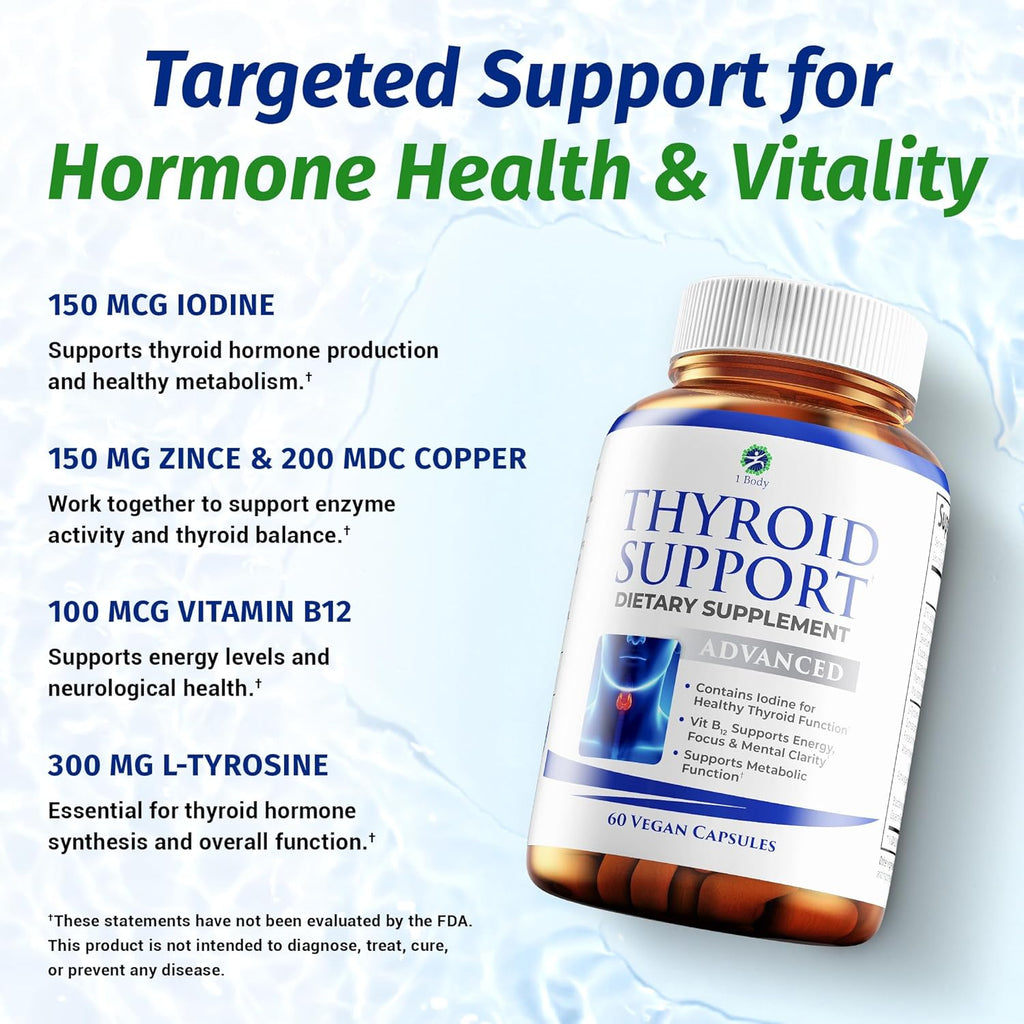 1 Body Thyroid Support Supplement with Iodine, B12, Zinc, Selenium, Ashwagandha, Non-GMO, Vegetarian, 30 Day Supply