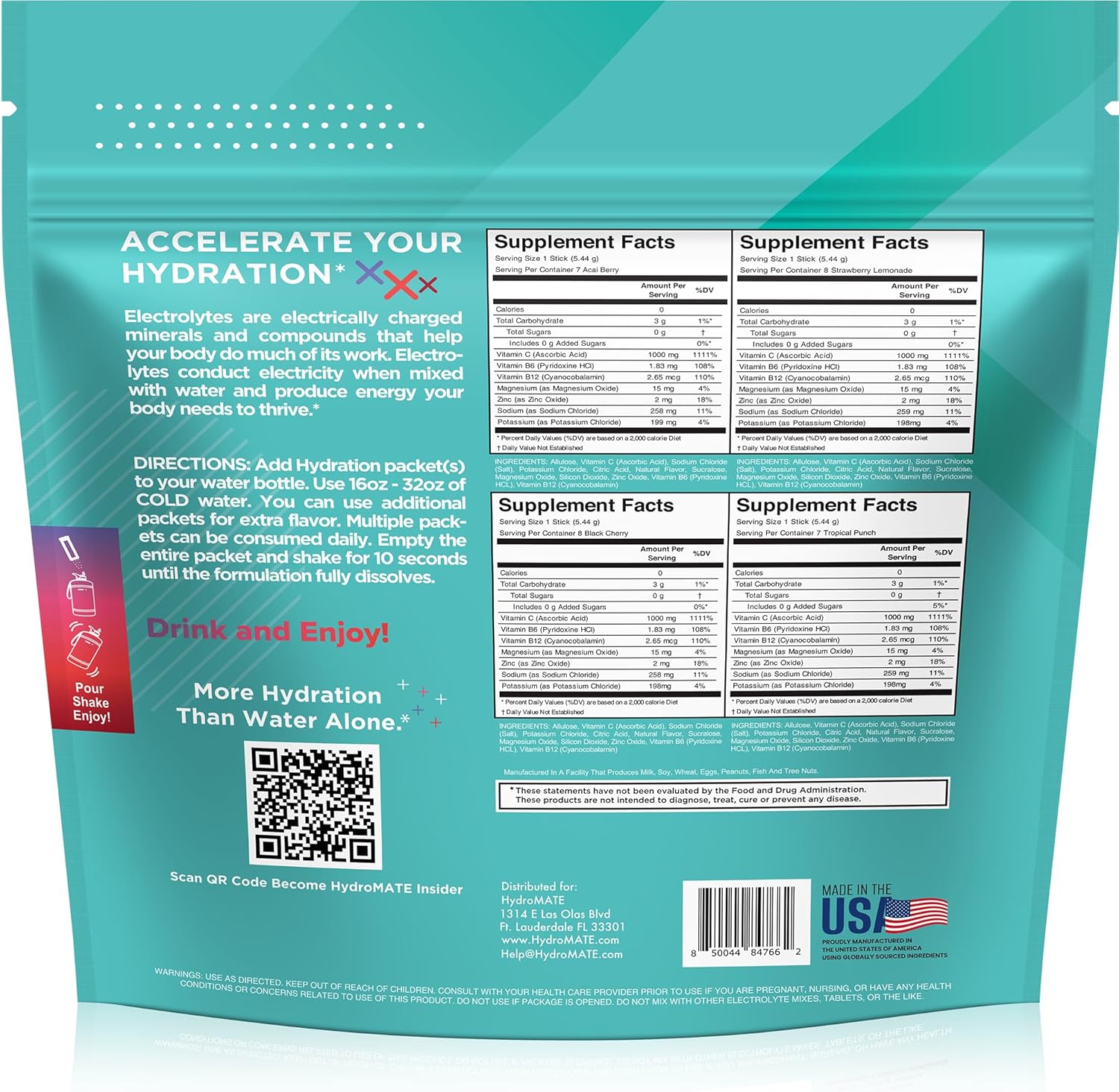 Electrolyte Powder Sugar-Free Hydration Packets Variety Pack HydroMATE 30 Sticks