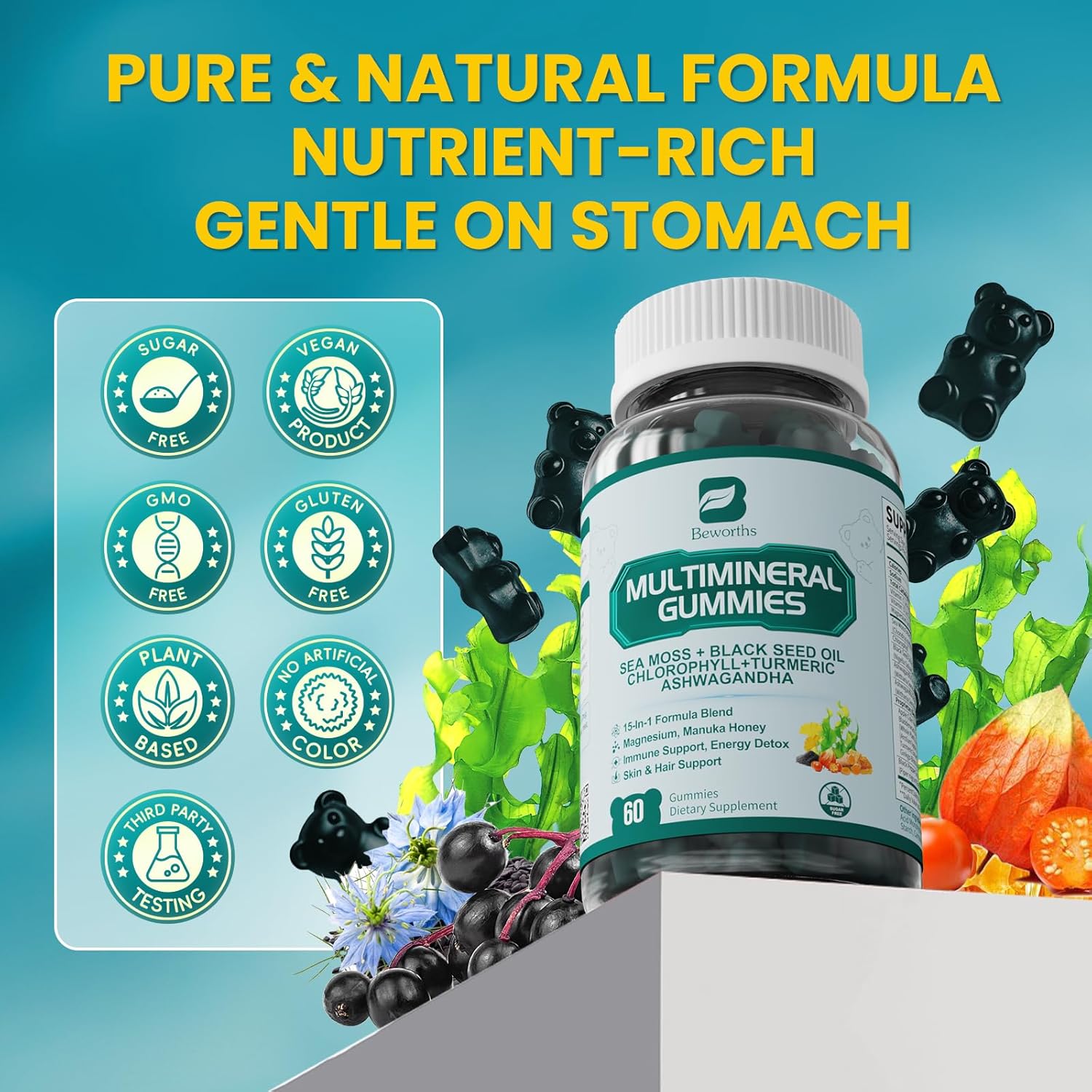 Sea Moss Black Seed Oil Ashwagandha Gummies, Irish Sea Moss Chlorophyll Gummy Supplement with Turmeric, Magnesium, Chlorophyll, Elderberry, Manuka Honey - Immune & Gut Detox Support | Vegan