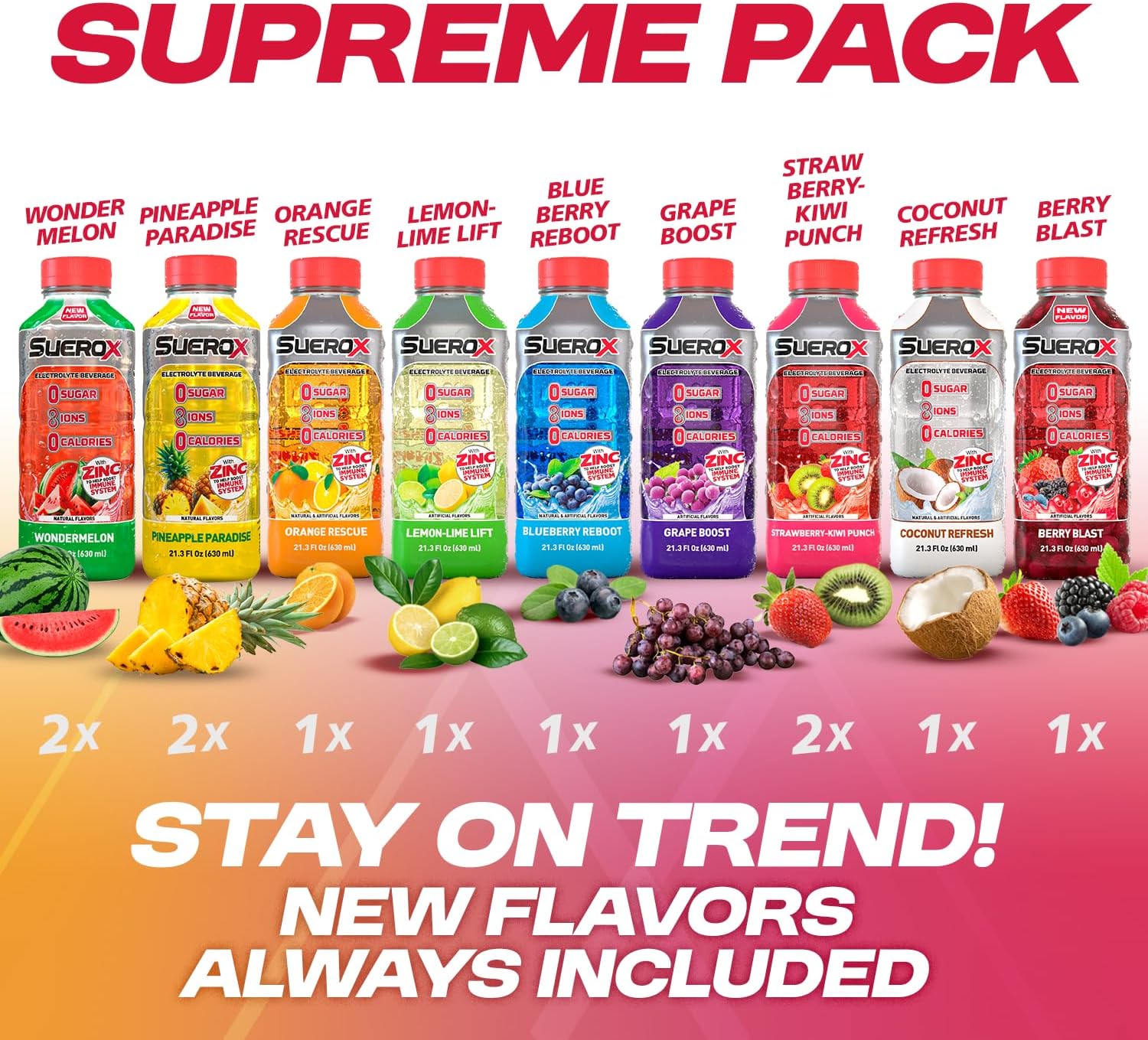 SueroX Sugar-Free Sports Drink for Hydration and Recovery, Electrolyte Hydration Drink with 8 Ions, Zero Calorie Sports Drinks with Electrolytes, Supreme Pack, 21.3 Fl Oz, 12 Count