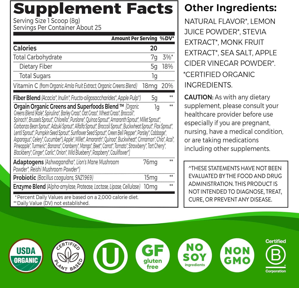 Orgain Organic Wonder Gut Fiber Supplement Powder, 5 in 1 Blend with 1 Billion Probiotics, Greens, Vitamin C, Adaptogens for Gut Health and Immune Support, Non-GMO, Strawberry Lemonade, 7.05 oz