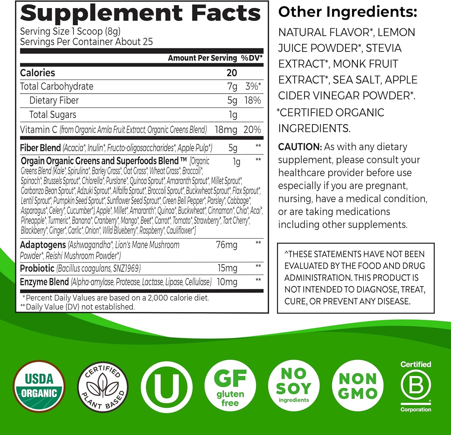 Orgain Organic Wonder Gut Fiber Supplement Powder, 5 in 1 Blend with 1 Billion Probiotics, Greens, Vitamin C, Adaptogens for Gut Health and Immune Support, Non-GMO, Strawberry Lemonade, 7.05 oz