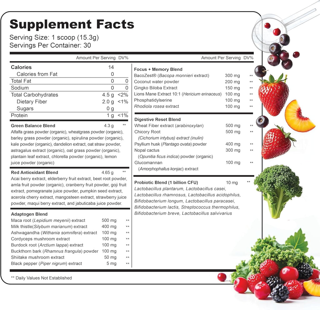 LIVELY VITAMIN CO Lively Greens w/Reds - 42 Superfood Ingredients - Memory, Focus, Mood, Digestion & Energy - Brain, Immune, Digestive & Heart Health - Bloating - Probiotics - Adaptogens - 16.19oz