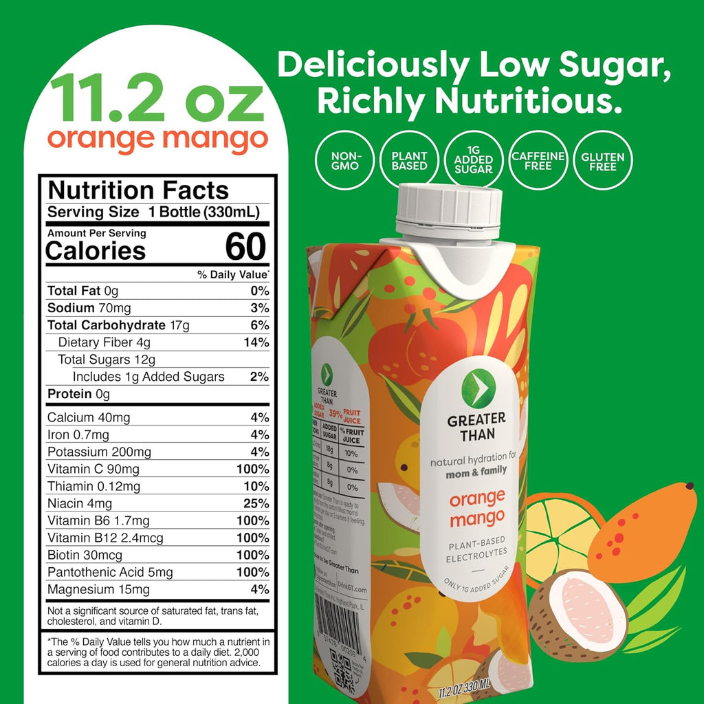 Greater Than Nutrient Hydration Beverage, Electrolyte Drink for Gut Health & Energy with Coconut Water, Vitamins, Gluten Free, Plant Based, Low Sugar, Orange Mango, 24 Pack