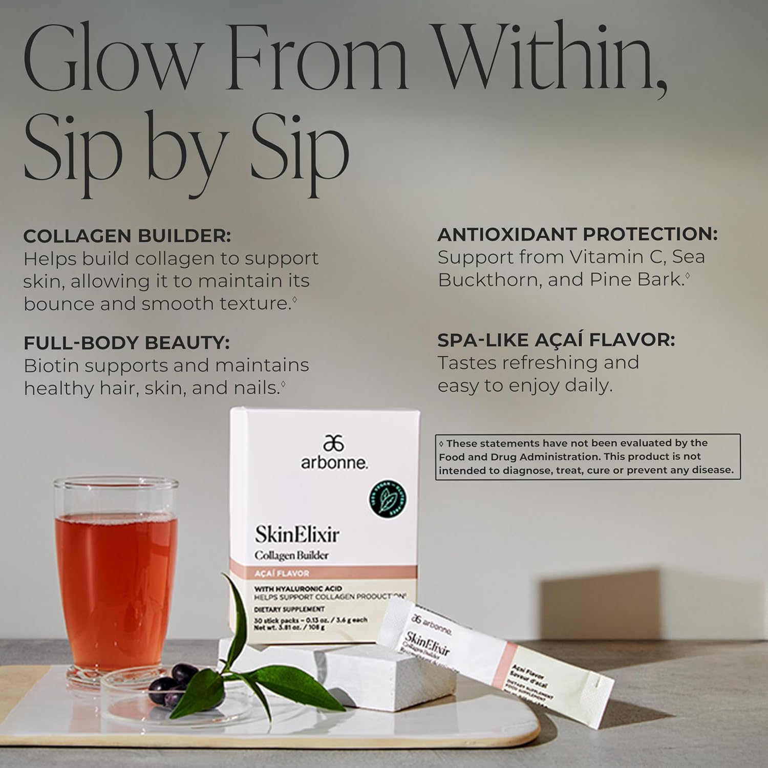 Arbonne SkinElixir Collagen Powder Builder - Açaí-Flavored Vegan Supplement for Women with Hyaluronic Acid, Vitamin C, Biotin & Antioxidants - Supports Healthy Skin, Hair & Nails - 30 Stick Packs