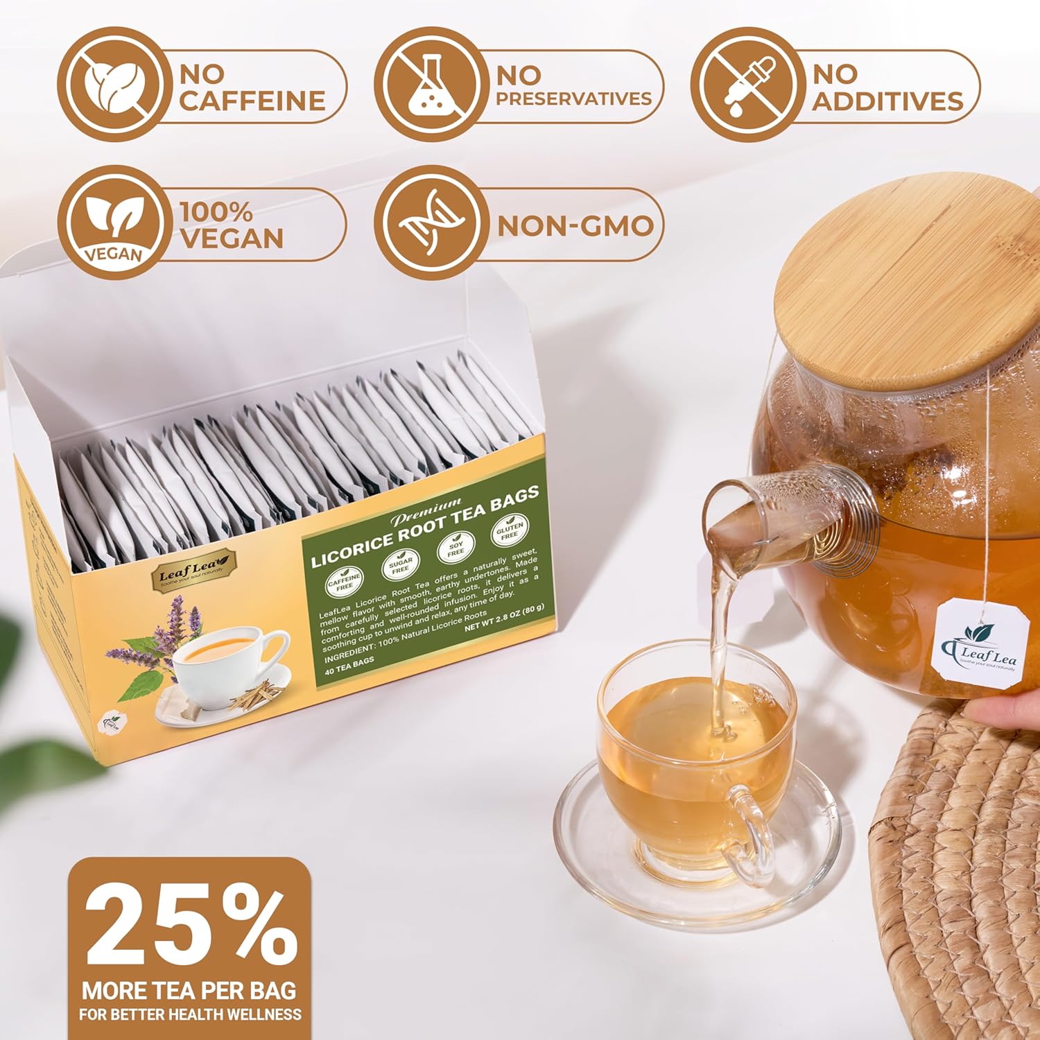 LeafLea 40 Premium Licorice Root Tea Bags, 100% Pure Licorice Spice Tea, Herbal Infusion to Digestive Comfort & Promote Respiratory Health, Te De Regaliz, Caffeine-Free, Sugar-Free, Soothing Flavor