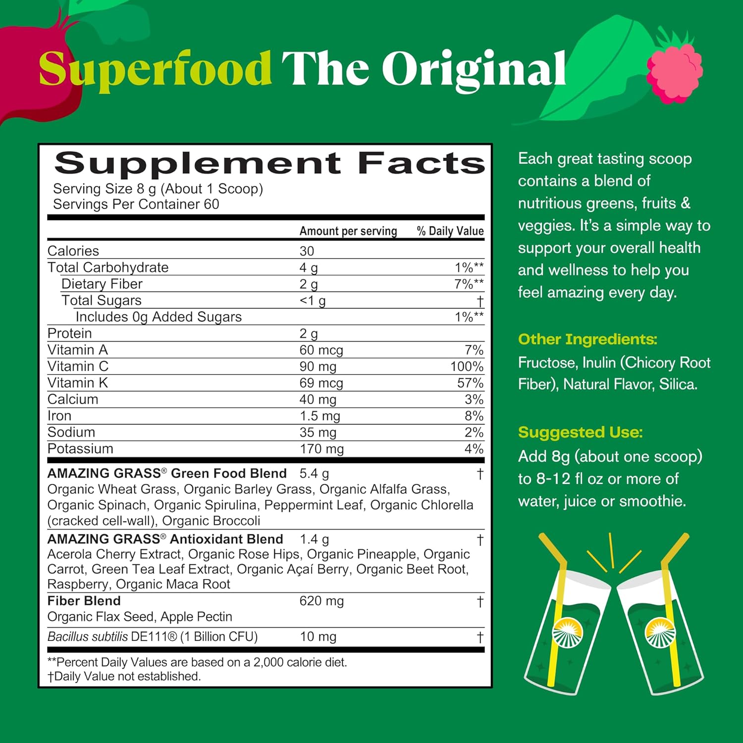 Amazing Grass Greens Blend Superfood: Super Greens Powder with Spirulina, Chlorella, Beet Root Powder, Digestive Enzymes, Prebiotics & Probiotics, Original, 60 Servings (Packaging May Vary)