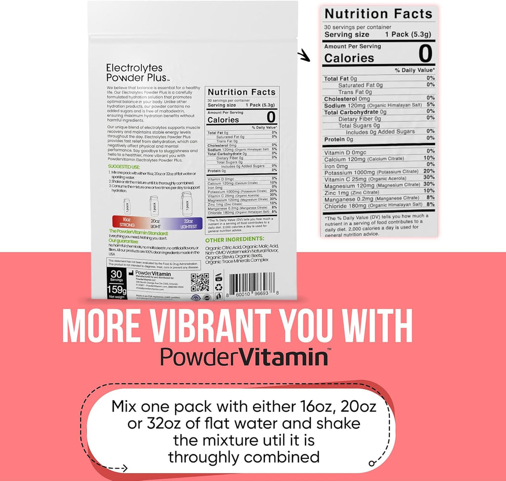 PowderVitamin Electrolytes Powder Plus, Keto, Watermelon, Sugar Free, 1000mg Potassium, 120mg Calcium, 120mg Magnesium, Non-GMO, Zero Calories, 30 Hydration Packets