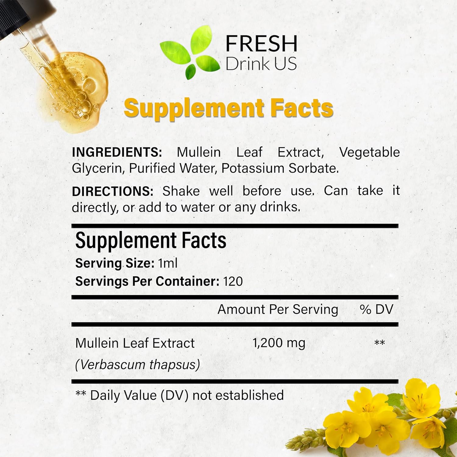 FRESHDRINKUS, 4 fl oz (120ml) Mullein Drops for Lungs Cleanse Support, Mullein Extract Liquid, 1200mg per Serving, 120 Days Supply – 100% from Natural Mullein Leaves, Non-GMO, Gluten-Free (4 fl oz)