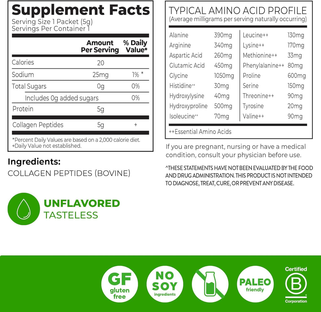 Orgain Hydrolyzed Collagen Peptides Travel Packets For Women & Men - 5g Grass Fed Collagen Per Serving, Hair, Skin, Nail & Joint Support Supplement, Non-GMO, Type I & III - Unflavored (25 Count)