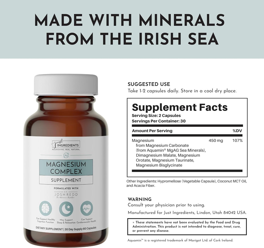 Magnesium Complex – 60‑Capsule Five Bioavailable Magnesium Forms (Aquamin® Sea Minerals, Malate, Orotate, Taurate, Bisglycinate) – Supports Relaxation, Sleep, Mood, Heart & Nervous System