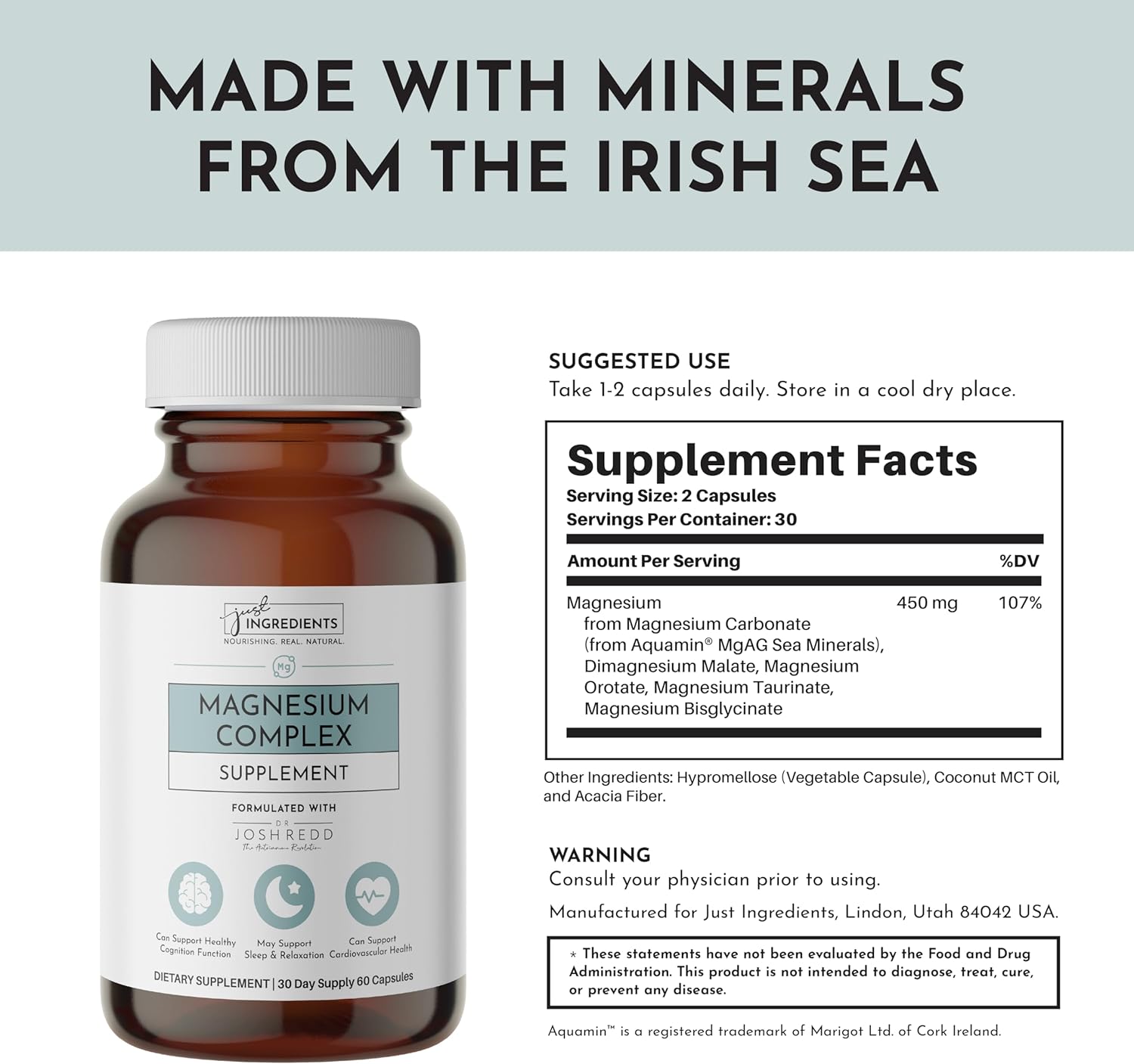 Magnesium Complex – 60‑Capsule Five Bioavailable Magnesium Forms (Aquamin® Sea Minerals, Malate, Orotate, Taurate, Bisglycinate) – Supports Relaxation, Sleep, Mood, Heart & Nervous System