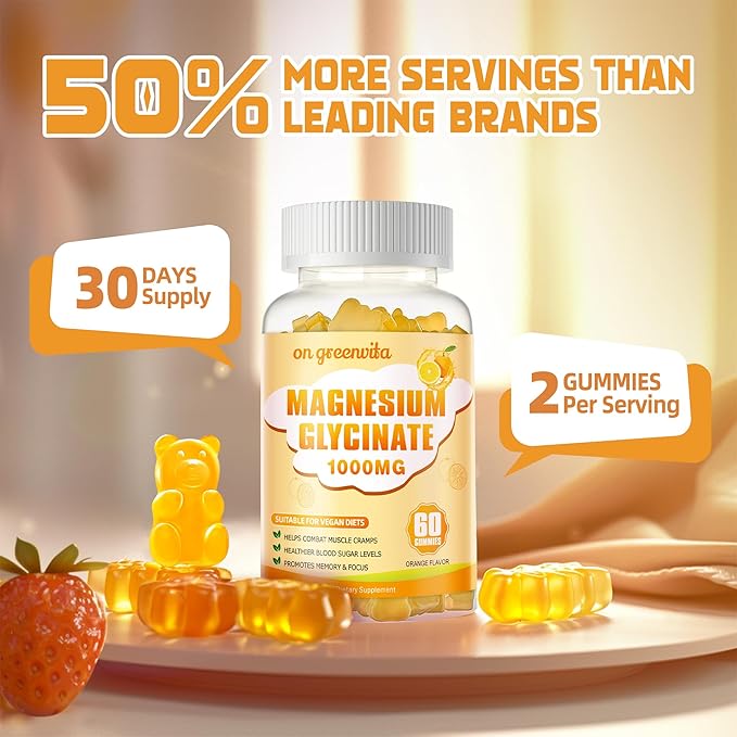 Magnesium Glycinate Gummies 1000mg - Sugar Free Magnesium Potassium Supplement with Vitamin D, B6, CoQ10 for Calm Mood & Sleep Support - 60 Orange Gummies