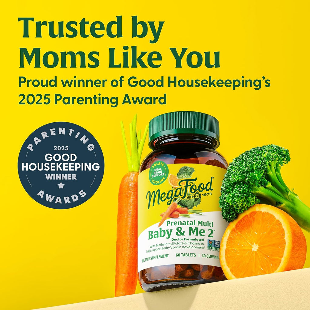 MegaFood Baby & Me 2 Prenatal Multi - Prenatal Vitamins for Women with Choline, Methyl Folate, Iron - Gluten-Free, Vegetarian, Pre Natal Multivitamin for Women - 60 Tablets, 30 Servings