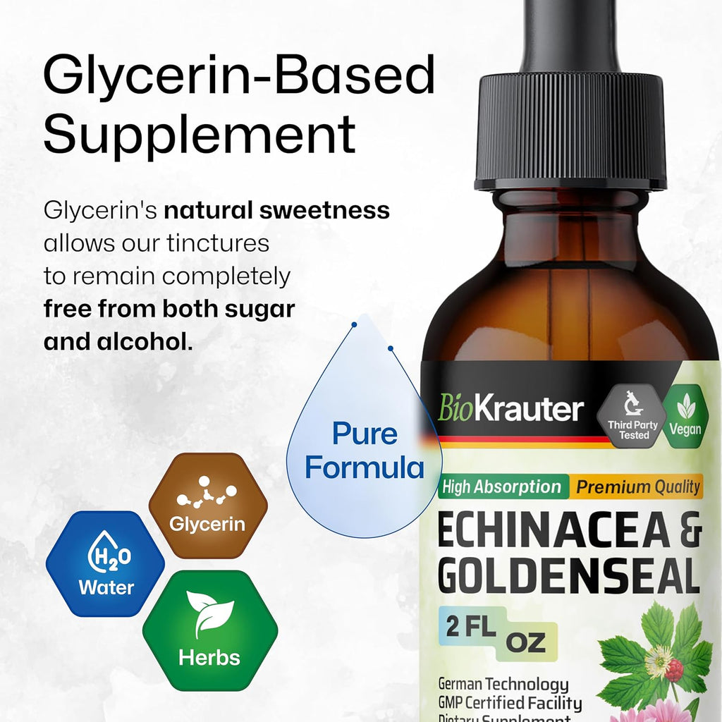 BIO KRAUTER Echinacea and Goldenseal Root Liquid Extract - Natural Immune Support - Echinacea Drops with Goldenseal - Vegan, Alcohol & Sugar Free Tincture - 2 Fl.Oz.